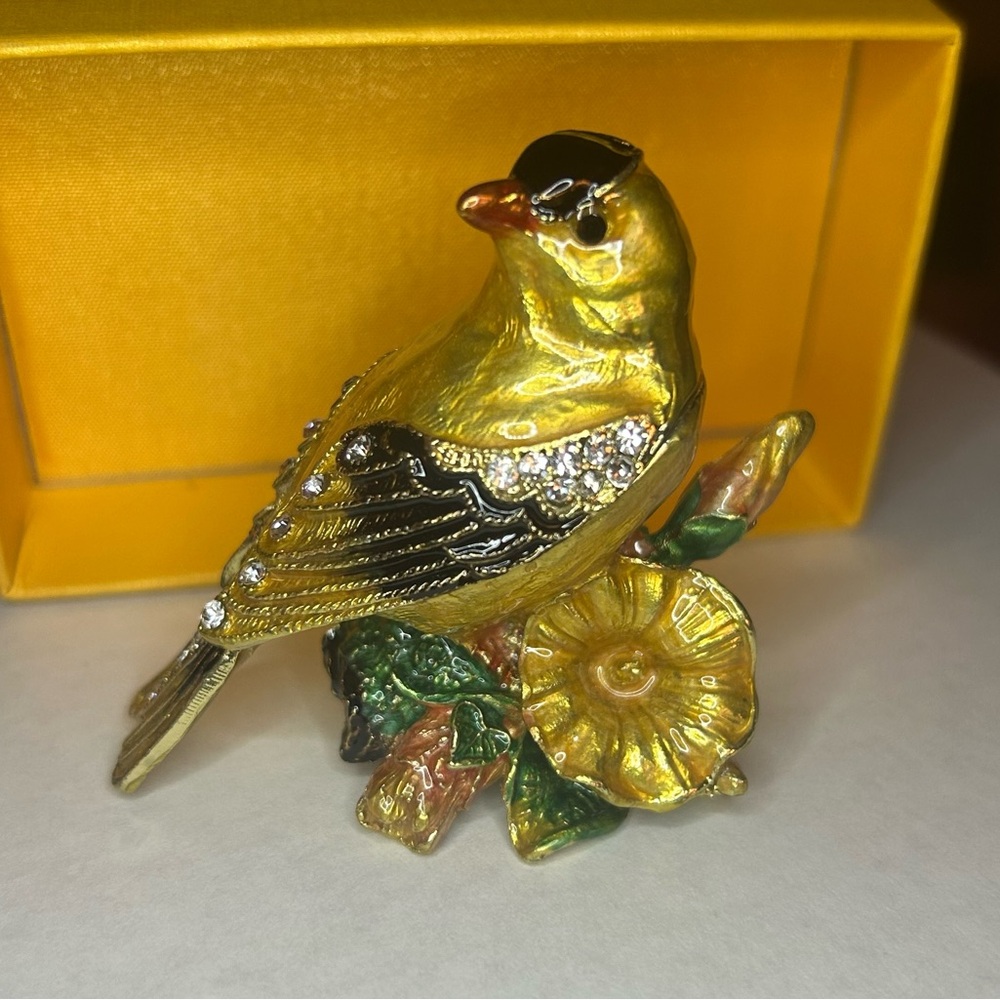 Gold Finch - Enamel & Crystal Trinket Keeper Box Tchotchke Figure